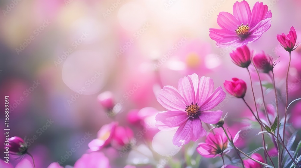 Floral Background with Pink Cosmos Blossoms and Soft Bokeh for Text Overlay in a Serene and Aesthetic Setting Floral Background with Pink Cosmos Blossoms and Soft Bokeh for Text Overlay in a Serene and Aesthetic Setting
