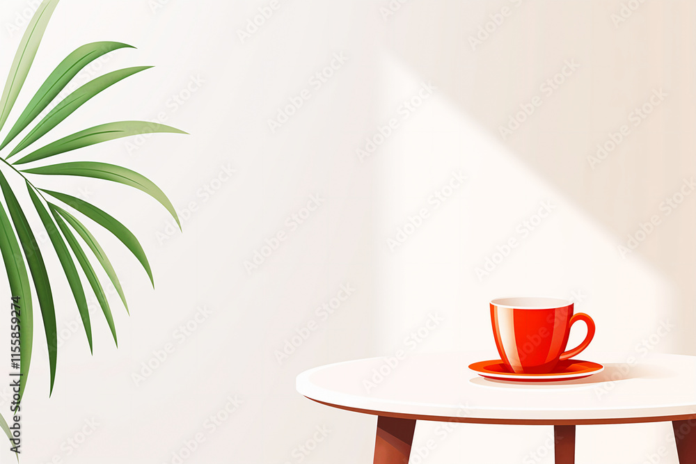 A bright red coffee cup sits on a round white table with a wooden base, illuminated by soft natural light, with a green plant casting shadows in the background. Copy space A bright red coffee cup sits on a round white table with a wooden base, illuminated by soft natural light, with a green plant casting shadows in the background. Copy space