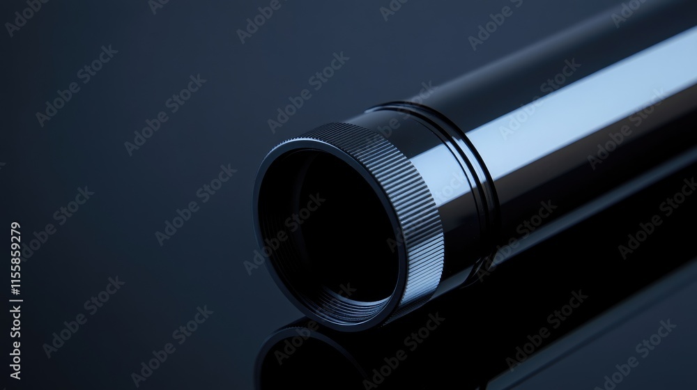 Fototapeta premium Close up of a sleek zoom lens on a reflective black surface showcasing elegant design with ample space for text or branding placement