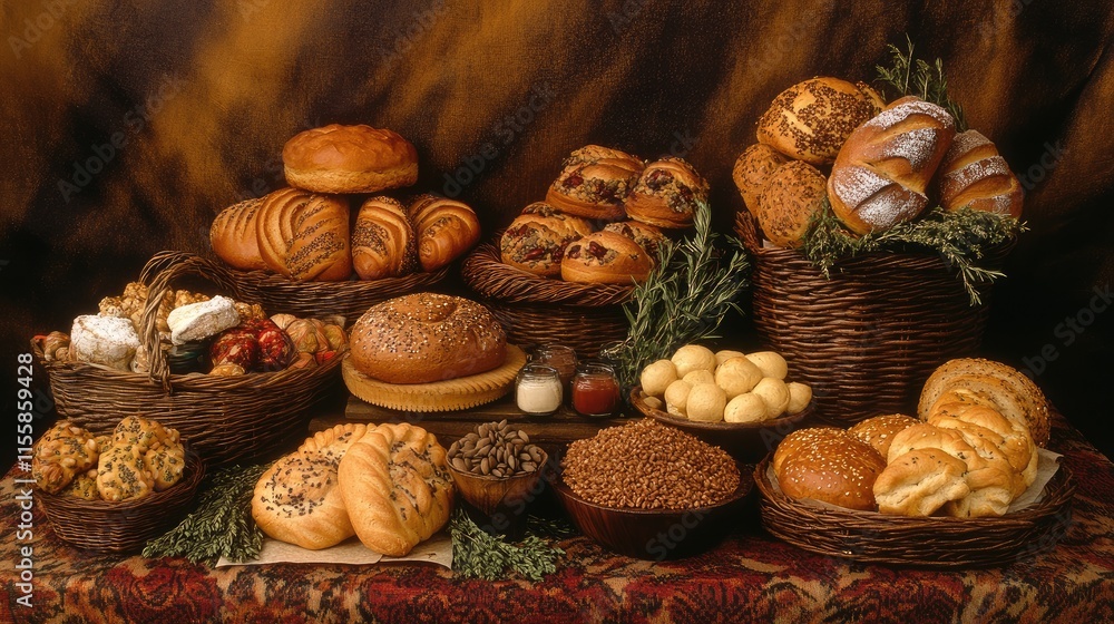 Assorted Freshly Baked Goods Displayed on Rustic Table with Baskets and Seeds in Cozy Bakery Environment Assorted Freshly Baked Goods Displayed on Rustic Table with Baskets and Seeds in Cozy Bakery Environment