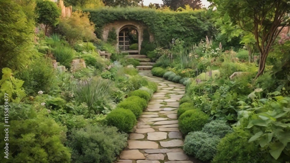 A stone path winds through a fragrant herb garden, its green plants lush and thriving A stone path winds through a fragrant herb garden, its green plants lush and thriving