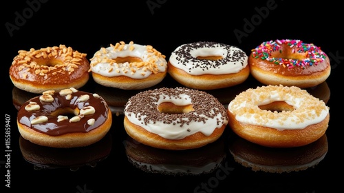 Wallpaper Mural Assorted Gourmet Doughnuts with Toppings on Reflective Black Surface Torontodigital.ca