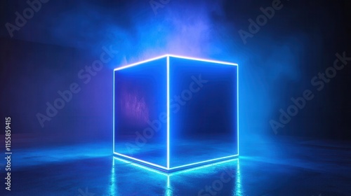 futuristic holographic cube emitting intense blue neon light with laser grid effects and particle emissions in clean studio environment photo