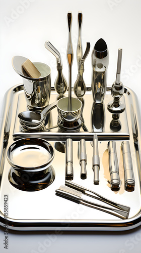 Professional Dental Instruments Neatly Positioned on a Steel Tray Against a Hygienic White Backdrop photo