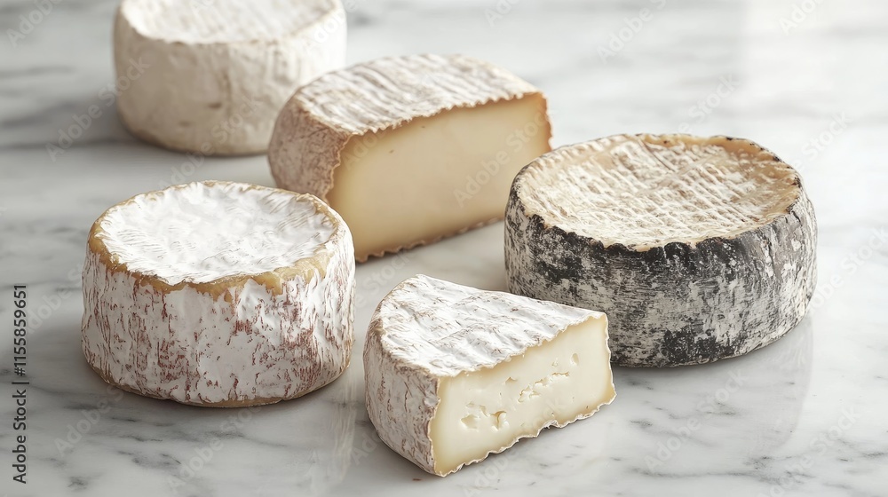 Artisan Selection of Diverse Cheese Varieties Displayed on Marble Background Artisan Selection of Diverse Cheese Varieties Displayed on Marble Background