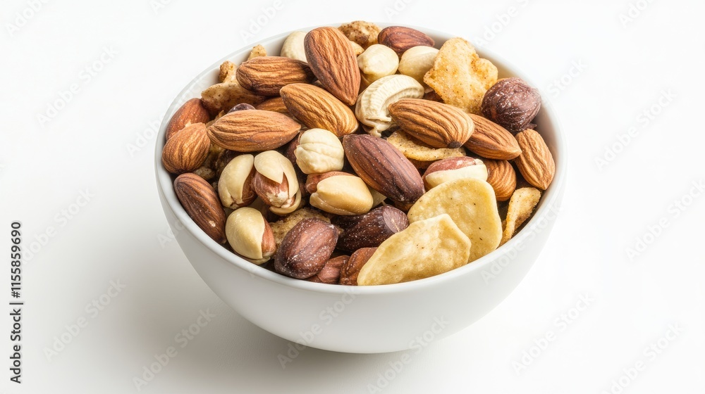 Assorted Nuts and Chips in a White Bowl on Plain Background Ideal for Healthy Snack Promotions Assorted Nuts and Chips in a White Bowl on Plain Background Ideal for Healthy Snack Promotions