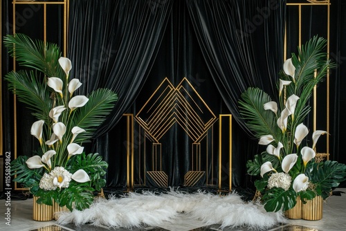 Luxurious Art Deco wedding backdrop, ornate gold frames, black and white colors, opulent wedding photography setting photo