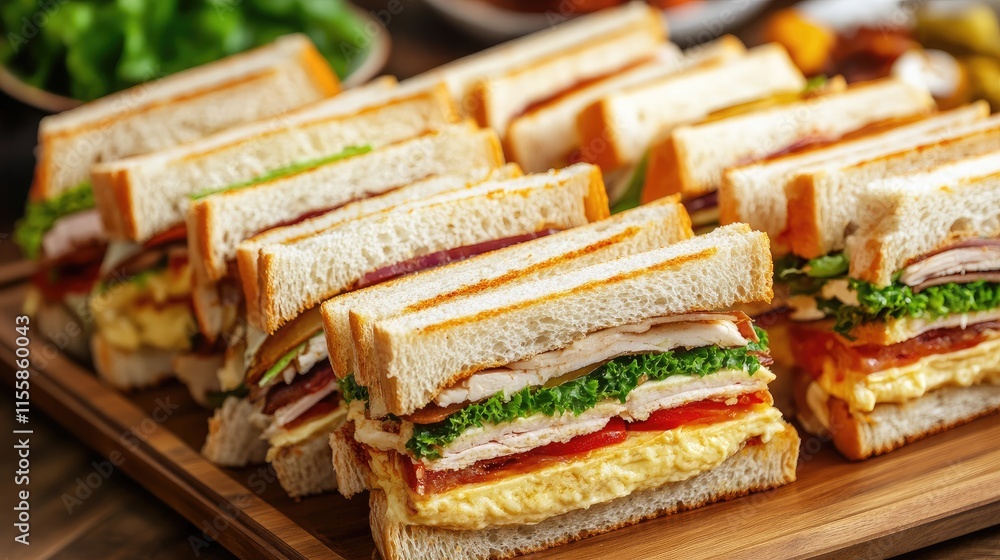 Assorted Gourmet Sandwiches on a Wooden Platter Ready for Buffet Service Assorted Gourmet Sandwiches on a Wooden Platter Ready for Buffet Service