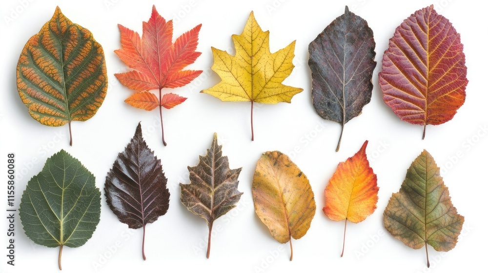 Obraz premium Assorted colorful autumn leaves displayed artistically against a clean white background showcasing fall's natural beauty and diversity.