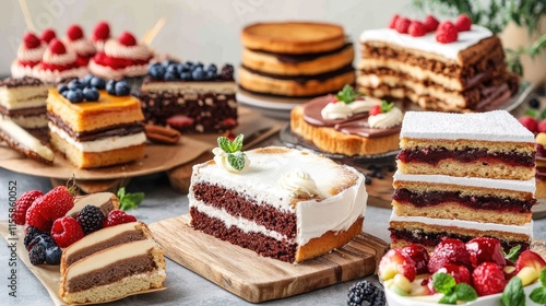 Assorted Gourmet Cakes and Sandwiches Displayed on a Table with Fresh Berries and Decorative Elements photo