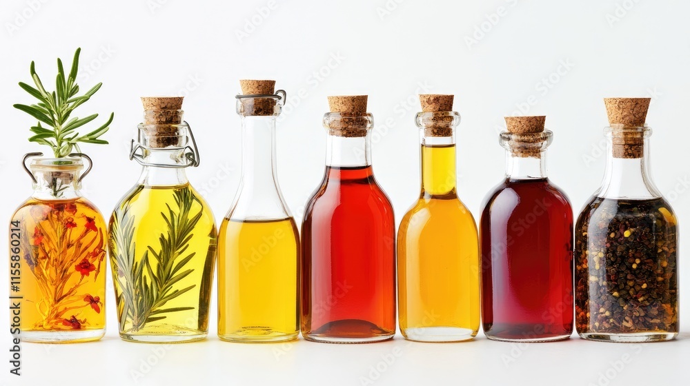 Assorted culinary oils and infused ingredients in bottles arranged on a clean white background for cooking and recipe presentations Assorted culinary oils and infused ingredients in bottles arranged on a clean white background for cooking and recipe presentations