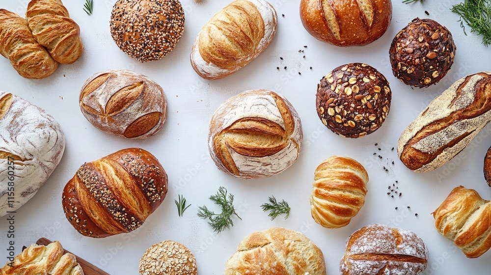 Assorted artisan breads on a white background showcasing diverse shapes and textures for culinary and baking themes. Assorted artisan breads on a white background showcasing diverse shapes and textures for culinary and baking themes.