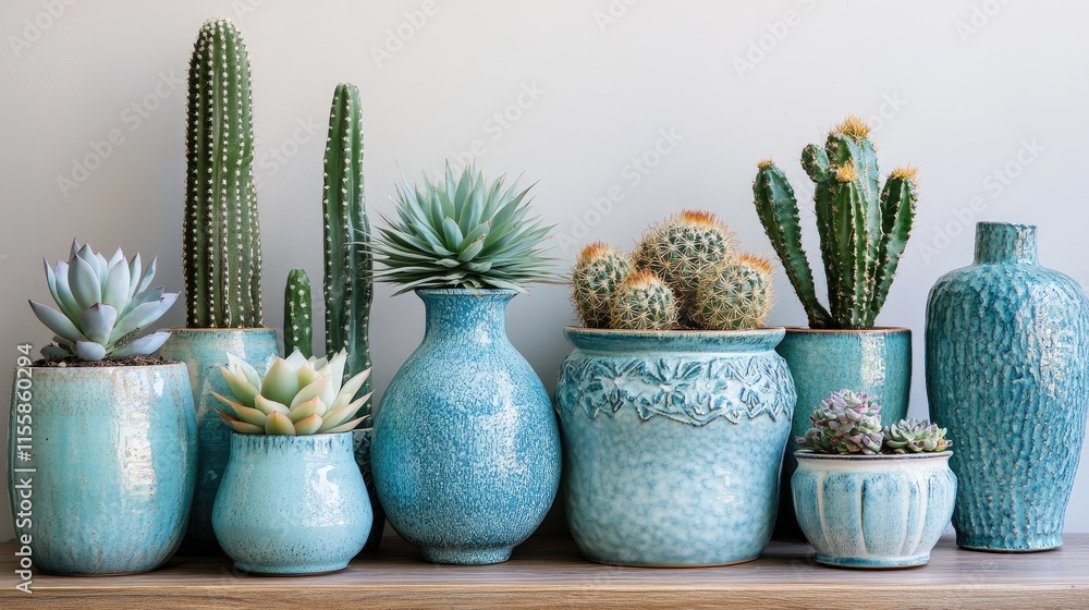 Collection of decorative ceramic pots and vases featuring vibrant cacti and succulents styled against a neutral background. Collection of decorative ceramic pots and vases featuring vibrant cacti and succulents styled against a neutral background.