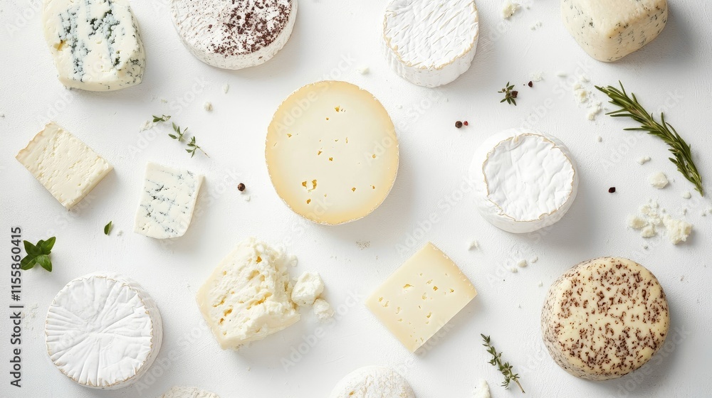 Variety of gourmet cheeses arranged creatively on a clean white background showcasing diverse textures and flavors