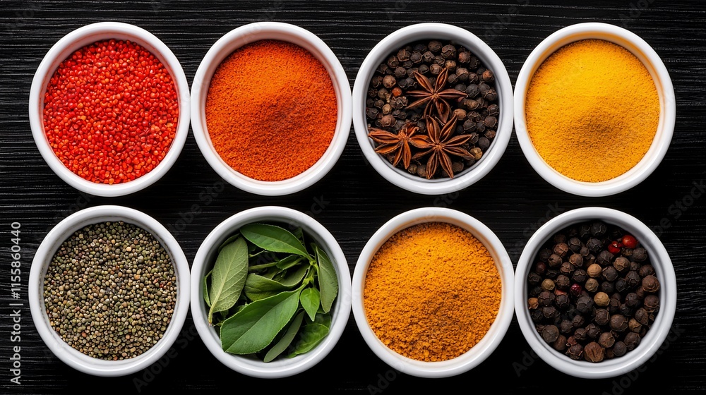 Eight bowls of various spices and herbs on dark background. Eight bowls of various spices and herbs on dark background.
