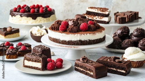 Assorted chocolate desserts displayed elegantly for special occasions like birthdays and celebrations with rich textures and vibrant toppings. photo