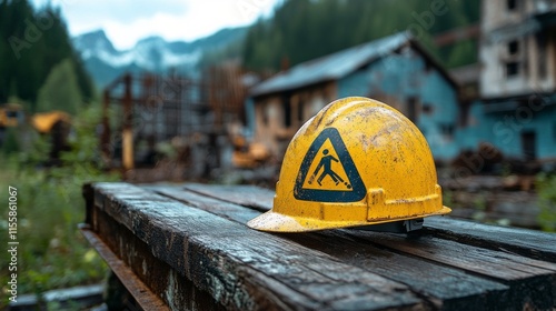 Yellow safety helmet with hazard symbol on construction site during daylight hours photo