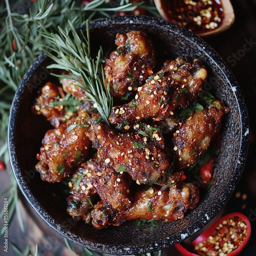 Crispy chicken wings in spicy sauce chili flakes photo