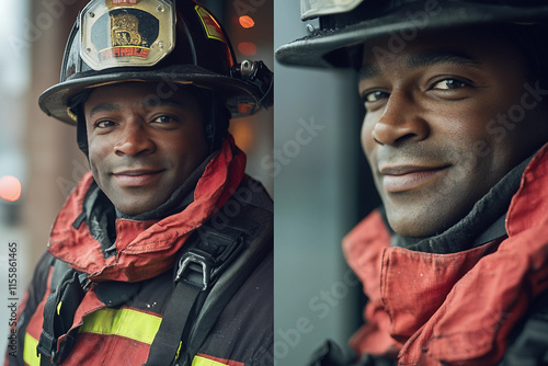 Experienced fireman male female person in working protective gear at work job mission photo