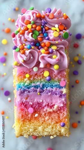 Colorful rainbow cake decorated with icing and sprinkles for a festive celebr...