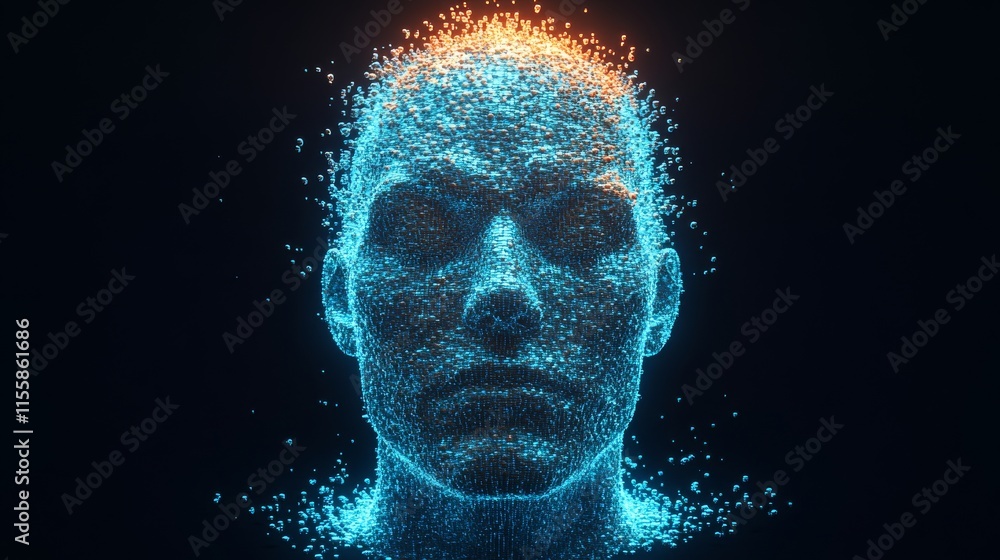 AI head with neural network brain suspended above virtual digital podium. Intelligent female avatar in cyberspace. Machine learning. Consciousness of a cyborg or robot in virtual reality. Future AI head with neural network brain suspended above virtual digital podium. Intelligent female avatar in cyberspace. Machine learning. Consciousness of a cyborg or robot in virtual reality. Future