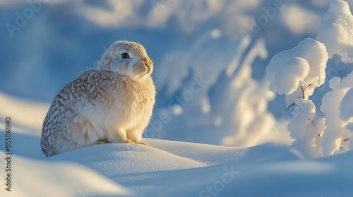 Snow-covered rabbit against a vibrant sunset in a winter landscape