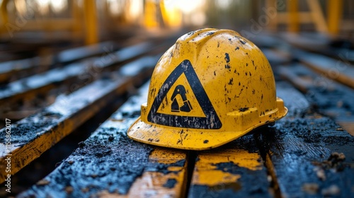 Yellow safety helmet with hazard symbol on construction site during daylight ...