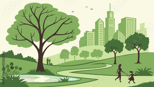 City park lawn and trees, small pond or fountain and abstract people figure. Flat style vector. On background business city center with skyscrapers. Green park vegetation in center of big town.