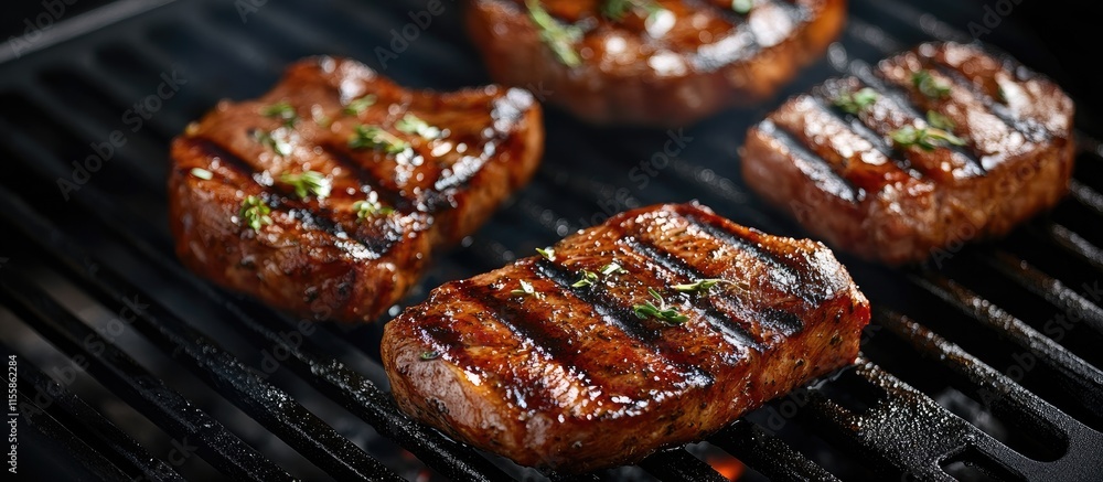 Delicious marinated pork steaks grilling on barbecue with fresh herbs showcasing vibrant summer outdoor cooking experience suitable for social gatherings Delicious marinated pork steaks grilling on barbecue with fresh herbs showcasing vibrant summer outdoor cooking experience suitable for social gatherings