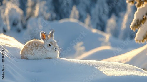 Snow-covered rabbit against a vibrant sunset in a winter landscape