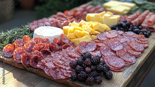 Cheese and charcuterie spread on wooden platter with fresh fruits and herbs