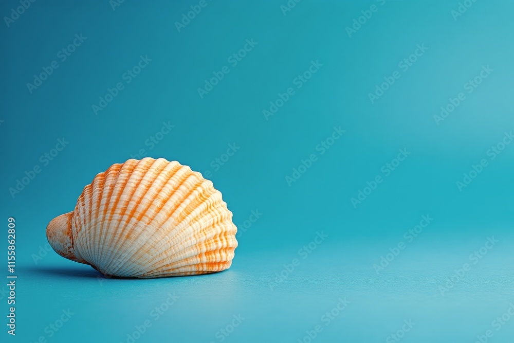Fototapeta premium White scallop shell resting on a bright blue background creating a simple yet elegant composition