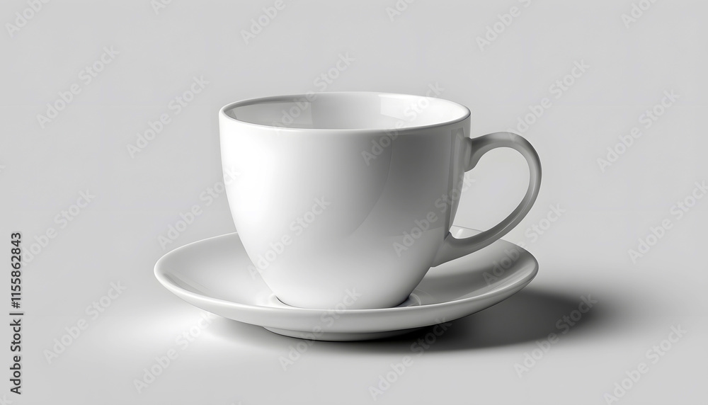 Mock Up empty white ceramic mug and saucer on plain background. A high-quality studio shot of a plain white ceramic mug and saucer. Mock Up empty white ceramic mug and saucer on plain background. A high-quality studio shot of a plain white ceramic mug and saucer.