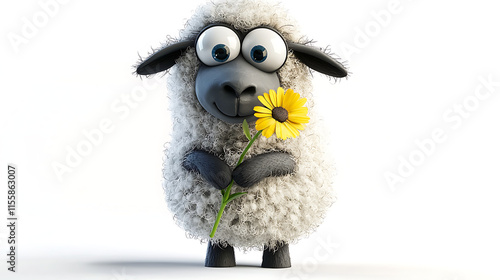 A cartoon sheep is holding a yellow flower in its mouth. generated using AI