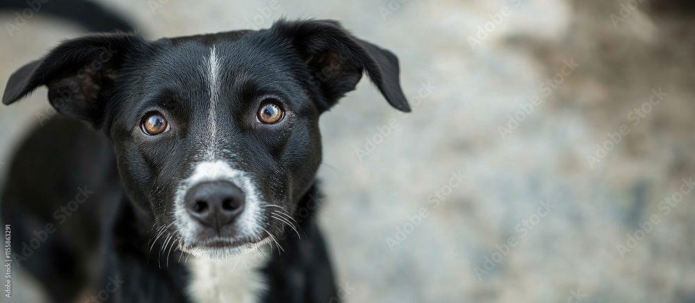 Black dog with white facial markings looking directly at the camera with blank space for text or message placement in an outdoor setting Black dog with white facial markings looking directly at the camera with blank space for text or message placement in an outdoor setting