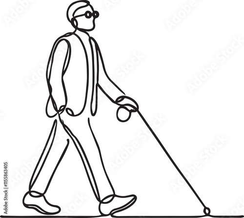 Blind Man Walking with Cane in Minimalist Line Drawing Elegant Simplicity