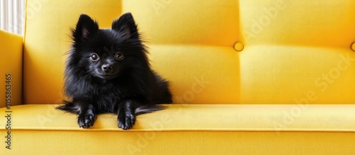 Fluffy black Pomeranian dog lounging on a bright yellow sofa with comic theme and ample space for text or captions photo