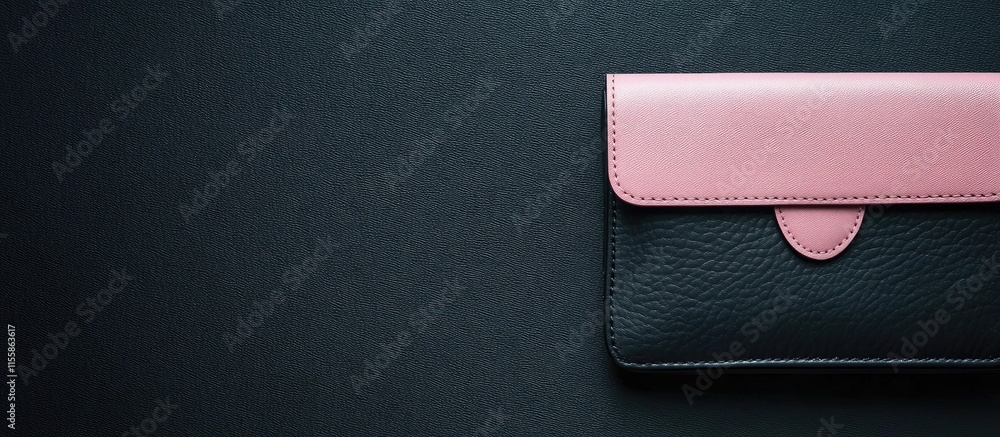 Stylish black leather purse with light pink accent featuring ample space for customization or text placement on a dark background Stylish black leather purse with light pink accent featuring ample space for customization or text placement on a dark background