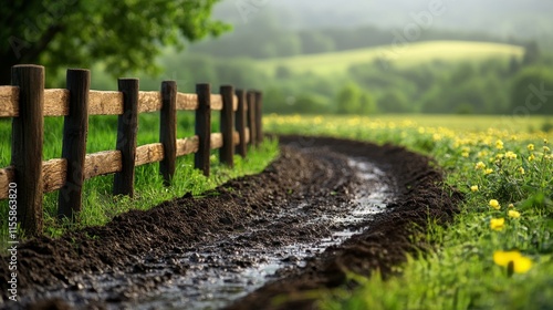Lush green plants growing along a rustic wooden fence in a serene garden setting