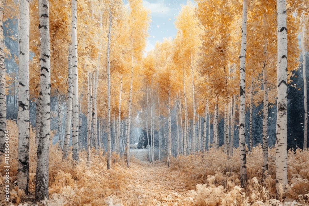 Obraz premium Colorful autumn forest with golden leaves under a serene sky