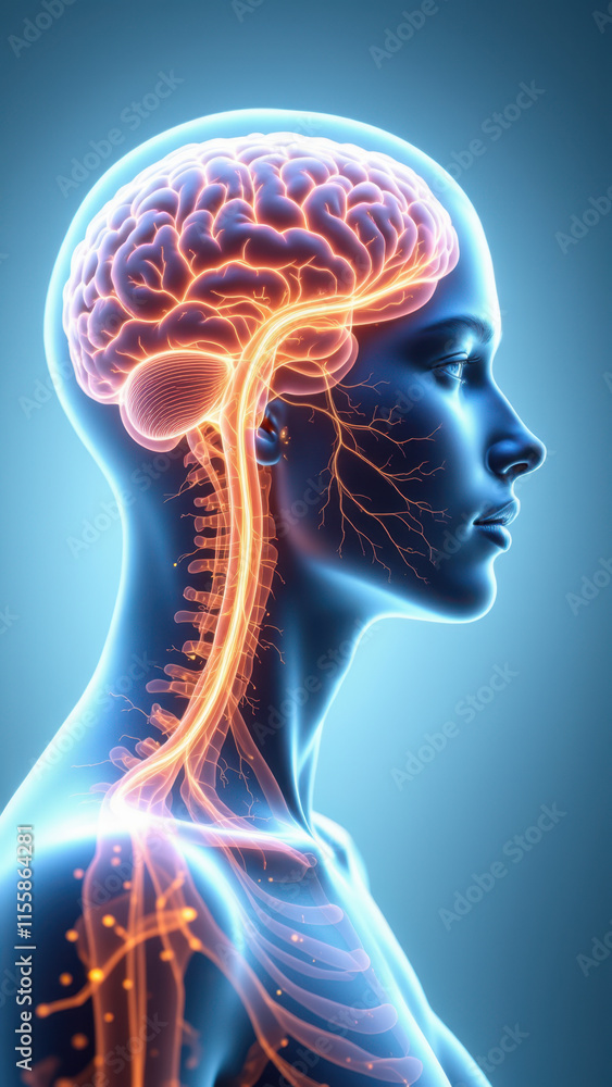 Vagus Nerve Stimulation - An anatomical illustration of a woman's head with her internal anatomy highlighted to show VNS. Vagus Nerve Stimulation - An anatomical illustration of a woman's head with her internal anatomy highlighted to show VNS.