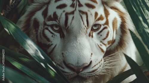 Close up of a White Tiger gazing through green foliage with space for text or branding, showcasing its piercing eyes and majestic features. photo