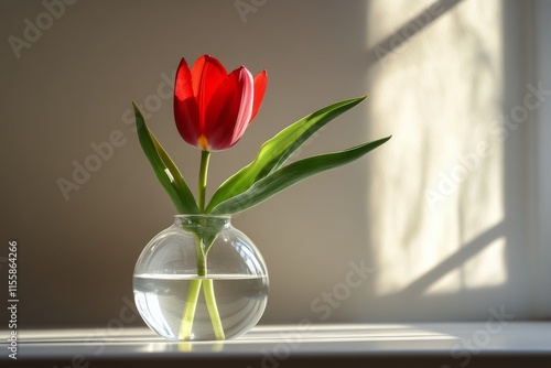 Bright red tulip in glass vase on wooden table beside window with soft natura...