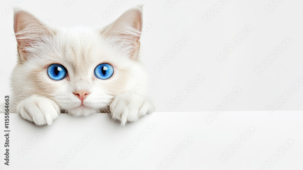 Close up of a fluffy white cat with striking blue eyes and paws resting on a clean white surface with ample space for text or graphics Close up of a fluffy white cat with striking blue eyes and paws resting on a clean white surface with ample space for text or graphics