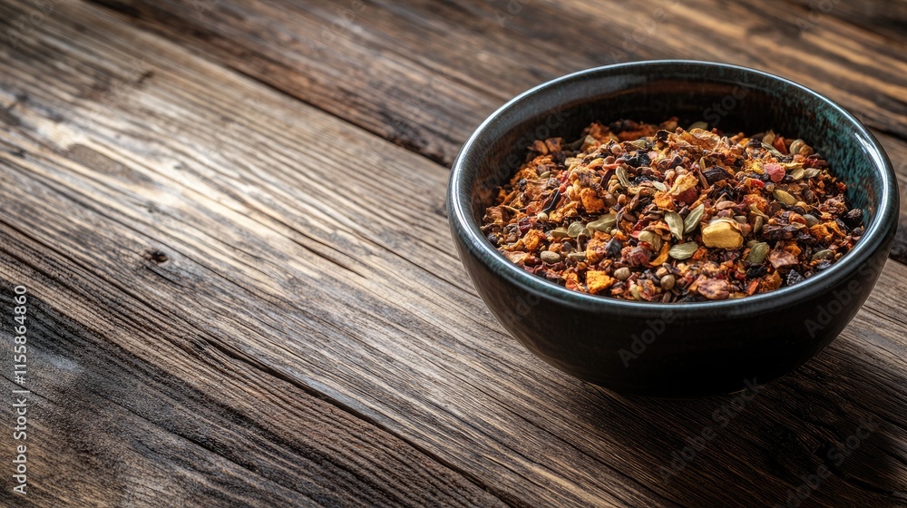 Bowl of aromatic exotic spices on a rustic wooden table with ample copy space for culinary or food related text. Bowl of aromatic exotic spices on a rustic wooden table with ample copy space for culinary or food related text.
