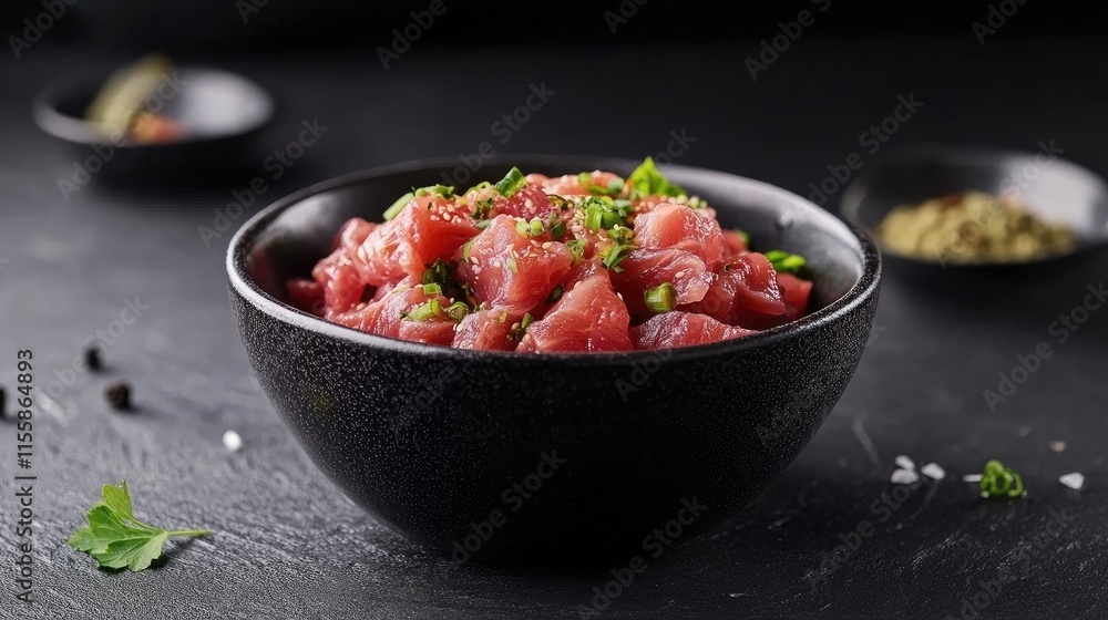 Freshly prepared sushi in a textured bowl with garnishes against a dark background ideal for culinary and food presentation concepts Freshly prepared sushi in a textured bowl with garnishes against a dark background ideal for culinary and food presentation concepts