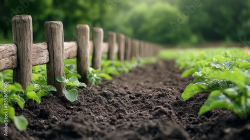 Lush green plants growing along a rustic wooden fence in a serene garden setting