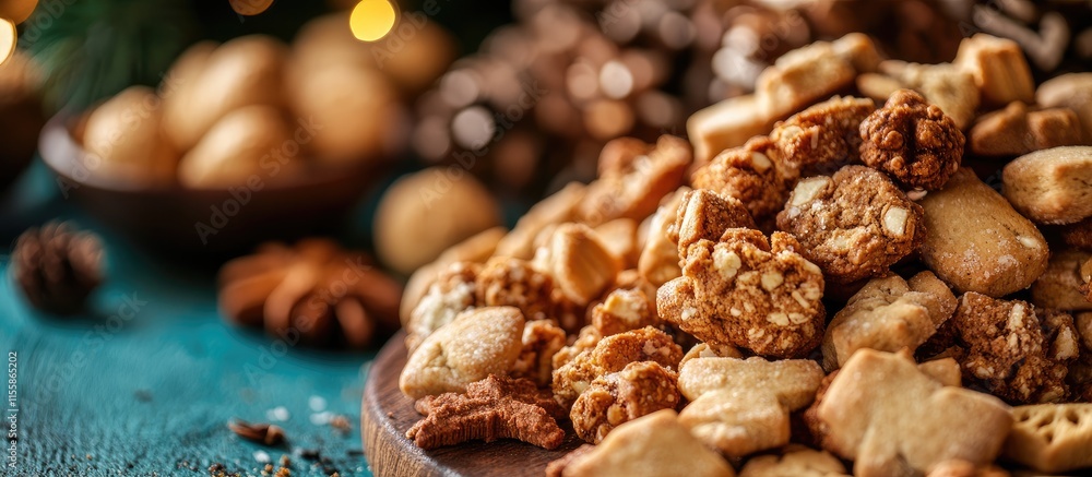 Close up of assorted Dutch Christmas cookies with festive decorations and empty space for text showcasing traditional holiday treats Close up of assorted Dutch Christmas cookies with festive decorations and empty space for text showcasing traditional holiday treats