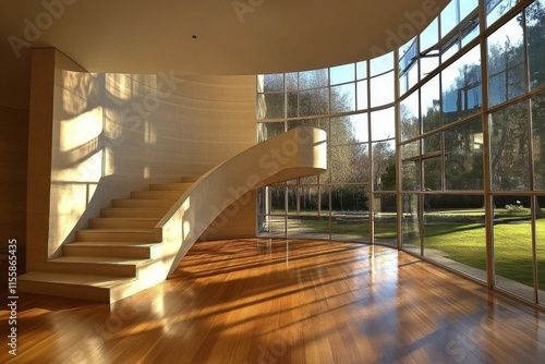 Elegant curved staircase in a modern home with large windows and natural light