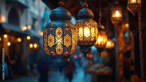 Beautiful lanterns illuminating a tranquil evening courtyard setting with int...